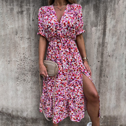 Women's Midi Dress - Floral A-line - V-neck & Elastic Waist - Short-sleeved