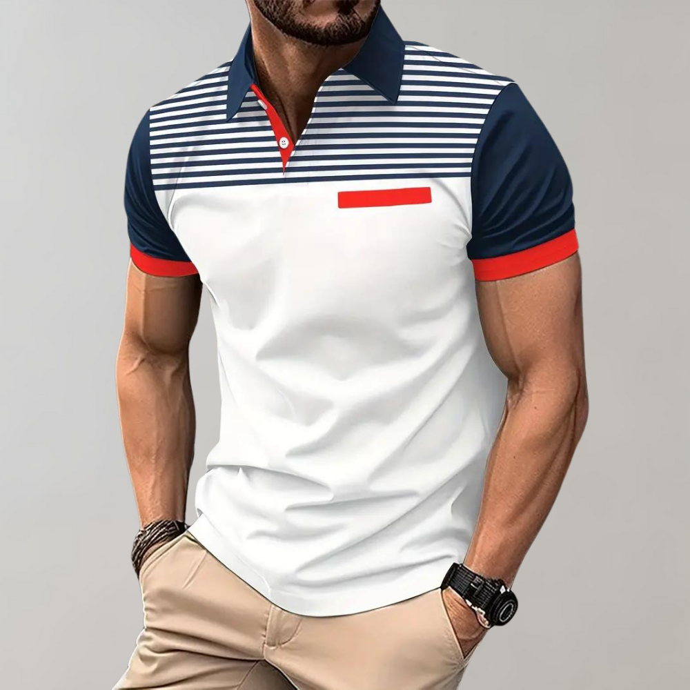 Men's Polo Shirt – Slim Fit – Breathable Fabric – Striped Chest – Contrast Sleeves