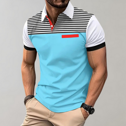 Men's Polo Shirt – Slim Fit – Breathable Fabric – Striped Chest – Contrast Sleeves