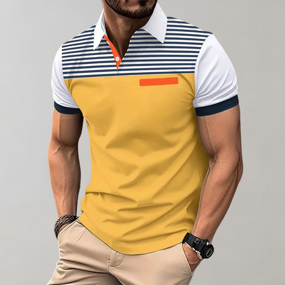 Men's Polo Shirt – Slim Fit – Breathable Fabric – Striped Chest – Contrast Sleeves
