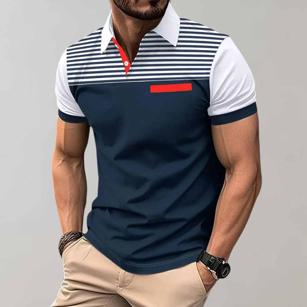 Men's Polo Shirt – Slim Fit – Breathable Fabric – Striped Chest – Contrast Sleeves