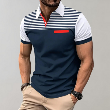 Men's Polo Shirt – Slim Fit – Breathable Fabric – Striped Chest – Contrast Sleeves