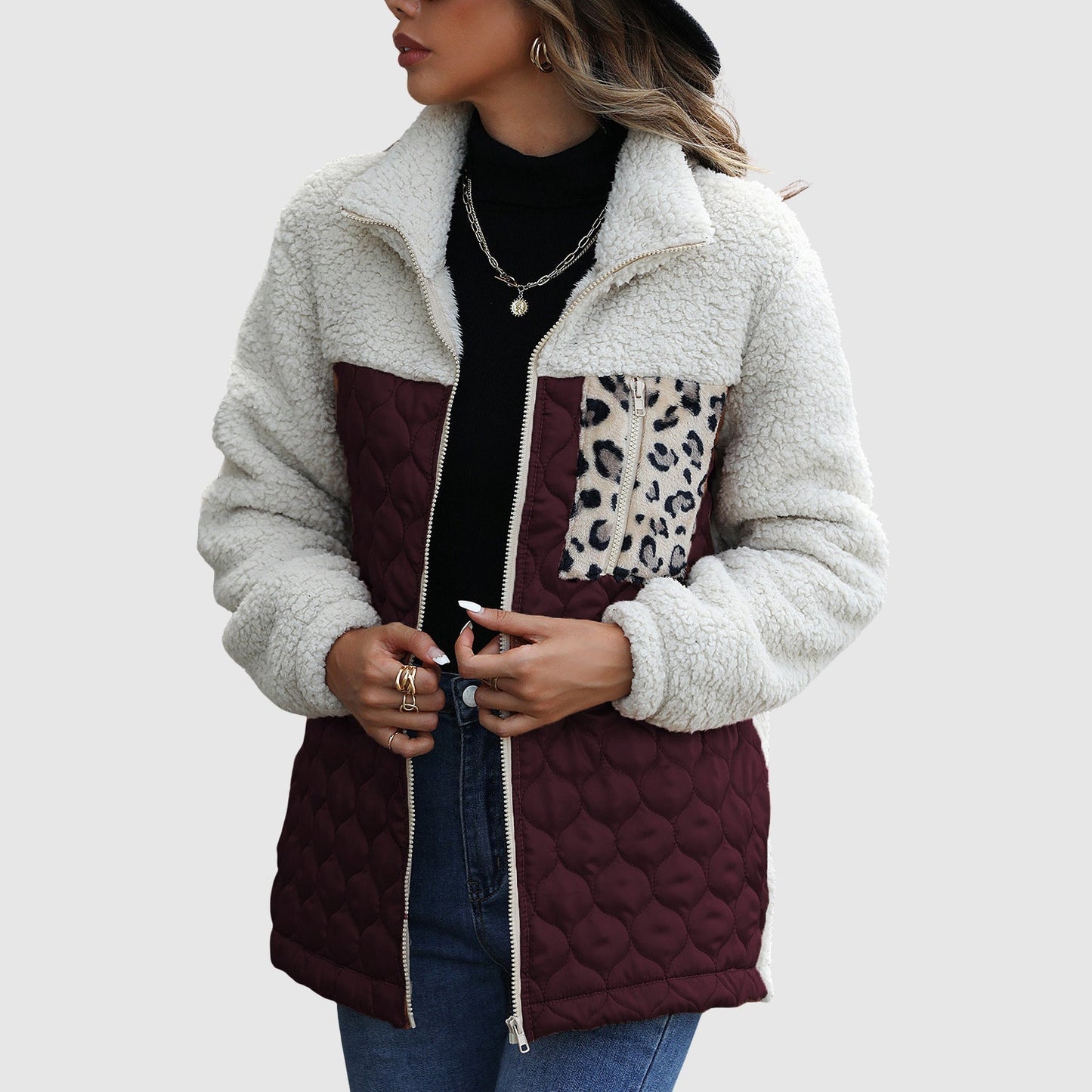 Freya Fleece Relaxed Fit Jacket | Quilted Patchwork Fur Trim Jacket