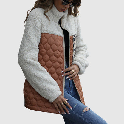 Freya Fleece Relaxed Fit Jacket | Quilted Patchwork Fur Trim Jacket