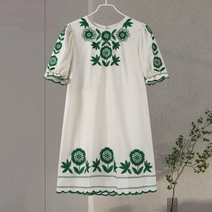 Dress for Women - Short Style - Round Neck - Embroidered Floral Design - Relaxed Fit