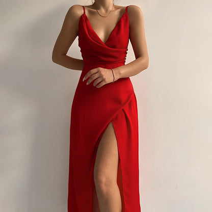 Dress for Women – Slim Fit – Satin – Deep Neckline – Floor-Length with Slit