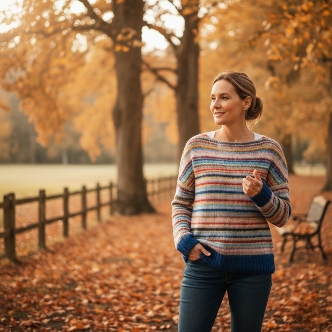 Women's Knit Sweater – Relaxed Fit – Boat Neckline – Striped Long Sleeve – Wool Blend