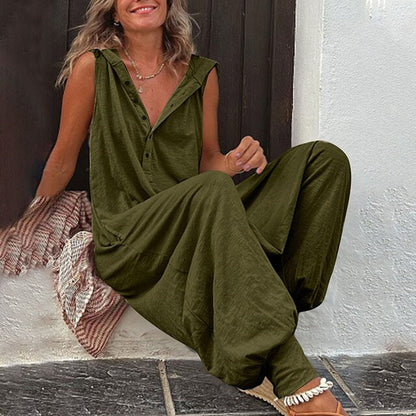 Women's Jumpsuit – Relaxed Fit – Sleeveless – V-Neck – Buttons – Light and Breathable