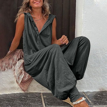 Women's Jumpsuit – Relaxed Fit – Sleeveless – V-Neck – Buttons – Light and Breathable
