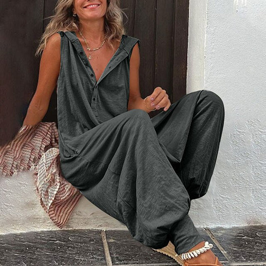 Women's Jumpsuit – Relaxed Fit – Sleeveless – V-Neck – Buttons – Light and Breathable