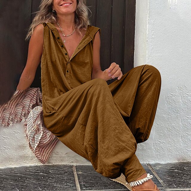 Women's Jumpsuit – Relaxed Fit – Sleeveless – V-Neck – Buttons – Light and Breathable
