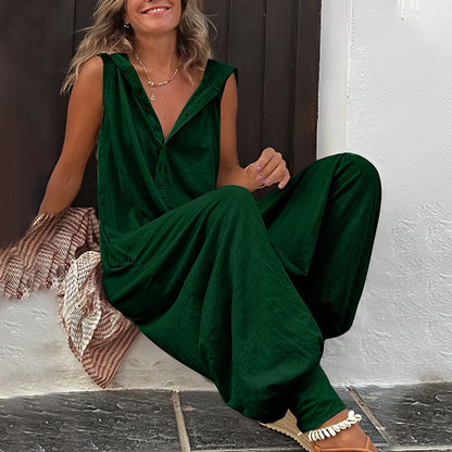 Women's Jumpsuit – Relaxed Fit – Sleeveless – V-Neck – Buttons – Light and Breathable