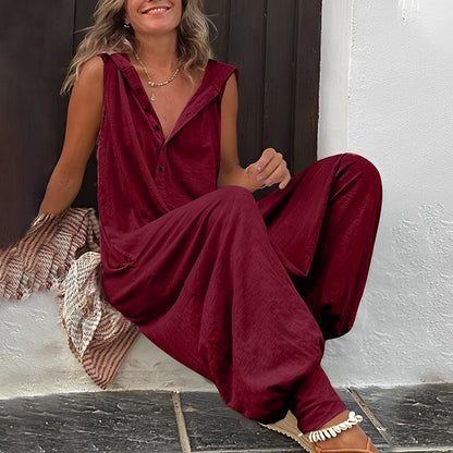 Women's Jumpsuit – Relaxed Fit – Sleeveless – V-Neck – Buttons – Light and Breathable