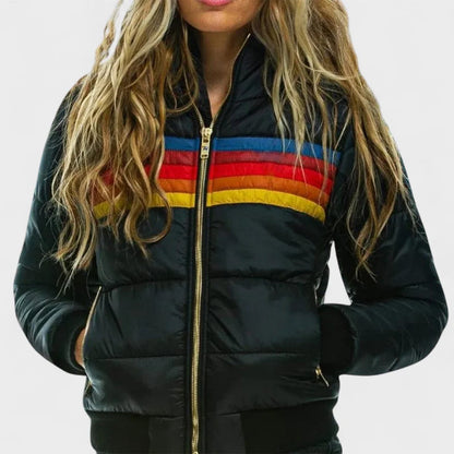 Sienna Hooded Quilted Hip-Length Puffer Jacket | Colorblock Relaxed Fit Puffer Jacket