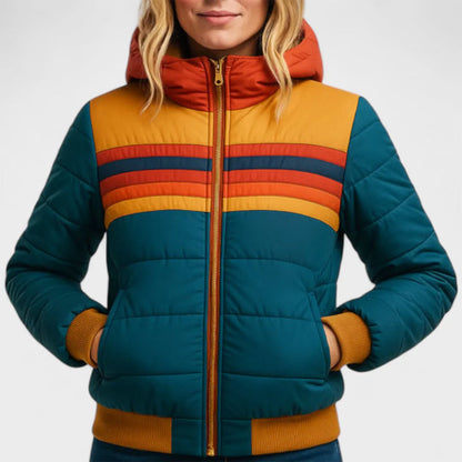 Sienna Hooded Quilted Hip-Length Puffer Jacket | Colorblock Relaxed Fit Puffer Jacket