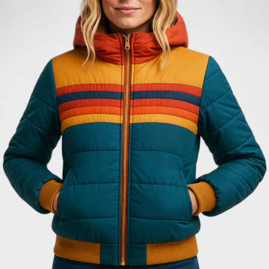 Sienna Hooded Quilted Hip-Length Puffer Jacket | Colorblock Relaxed Fit Puffer Jacket
