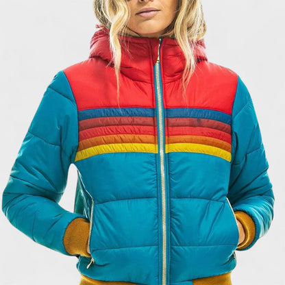Sienna Hooded Quilted Hip-Length Puffer Jacket | Colorblock Relaxed Fit Puffer Jacket