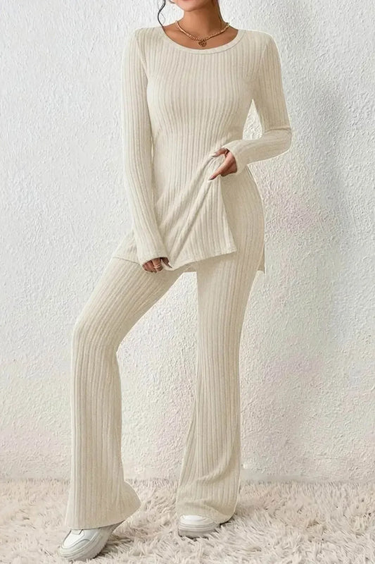 Women's Ribbed Knit Set - Long-Sleeved Top & High Waist Pants - Soft & Stretchable