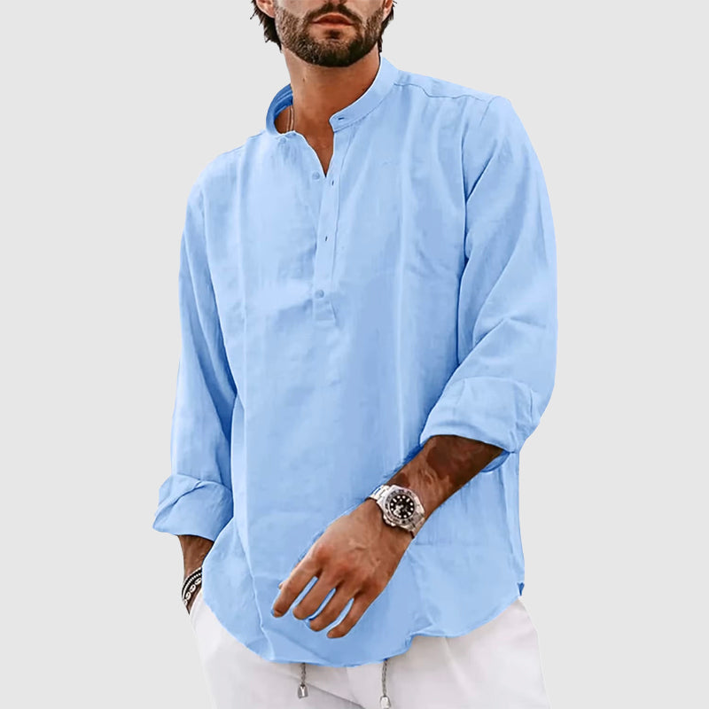 Men's Henley Shirt – Relaxed Fit – Natural Fibers – Long-Sleeved with Band Collar