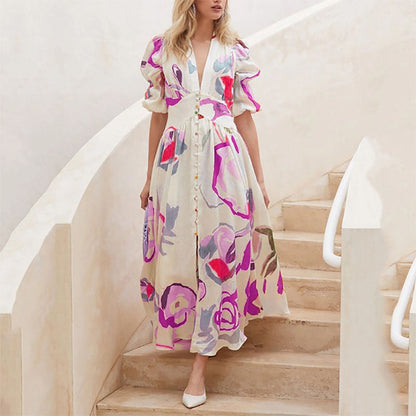 Women's Midi Dress - Light and Airy - V-Neck - Button Closure - Puff Sleeves - Floral Pattern