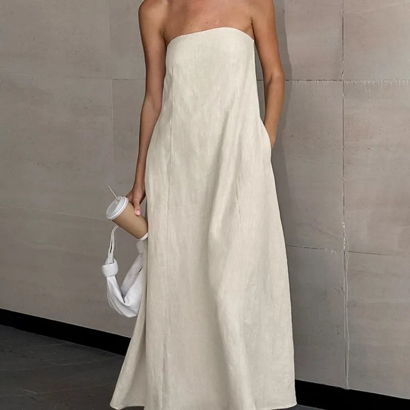 Dress for Women – Strapless Maxi Dress – Relaxed Fit – Open Back – Natural Fibers