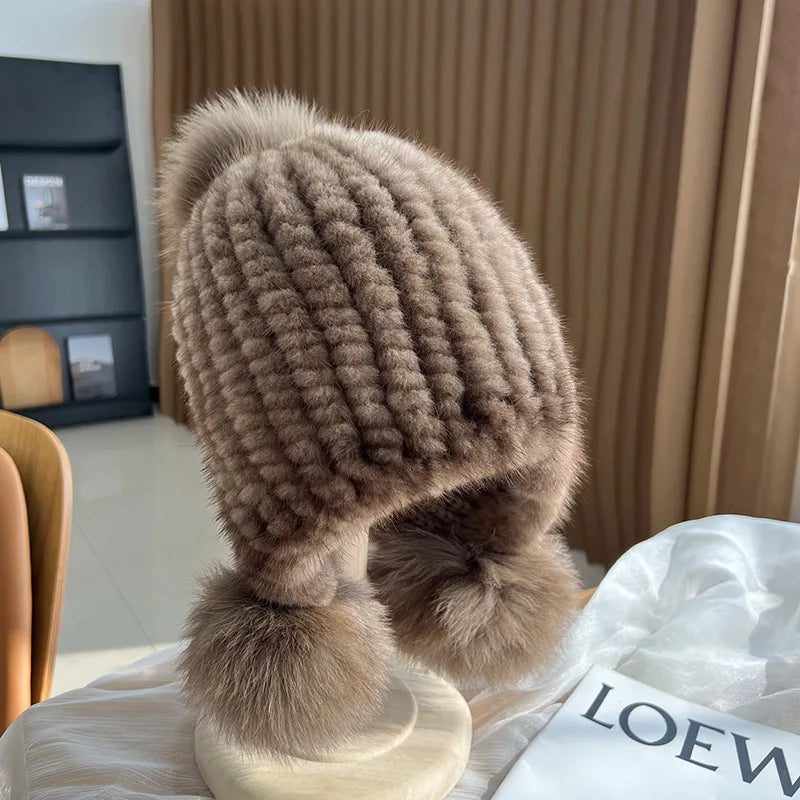 Isla Ribbed Fur Trim Beanie Hat | Pompoms Solid Beanie Hat