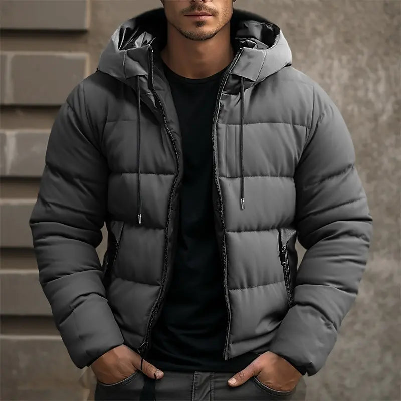 Men’s Puffer Jacket - Synthetic - Hooded Stand Collar - Hip Length - Quilted Design