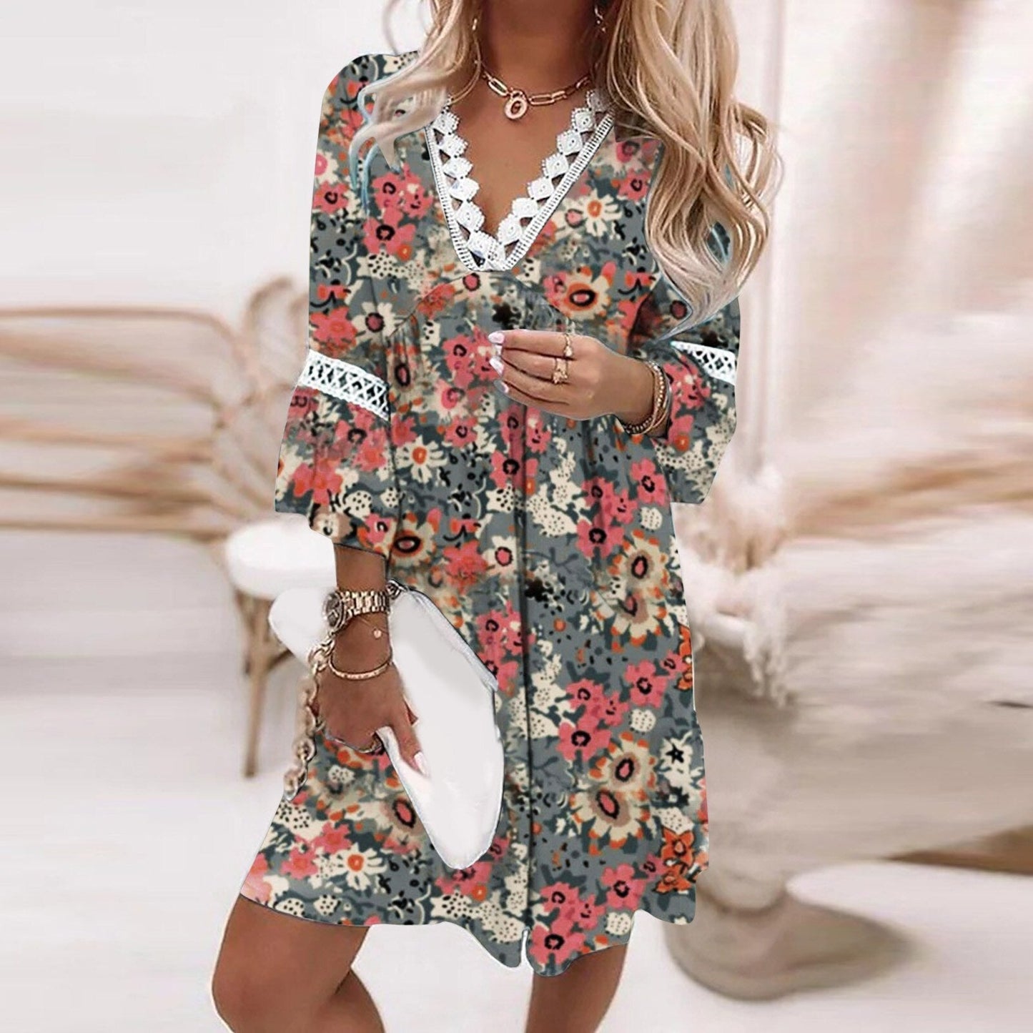 Women's Dress – Relaxed Fit – V-Neck with Lace Details – Floral Pattern – Breathable Fabric
