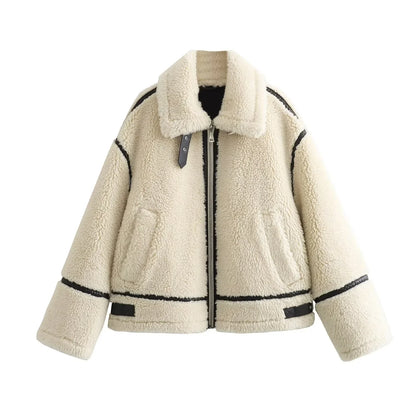 Eleanor Oversized Sherpa Bomber Jacket | Collared Zip Front Jacket