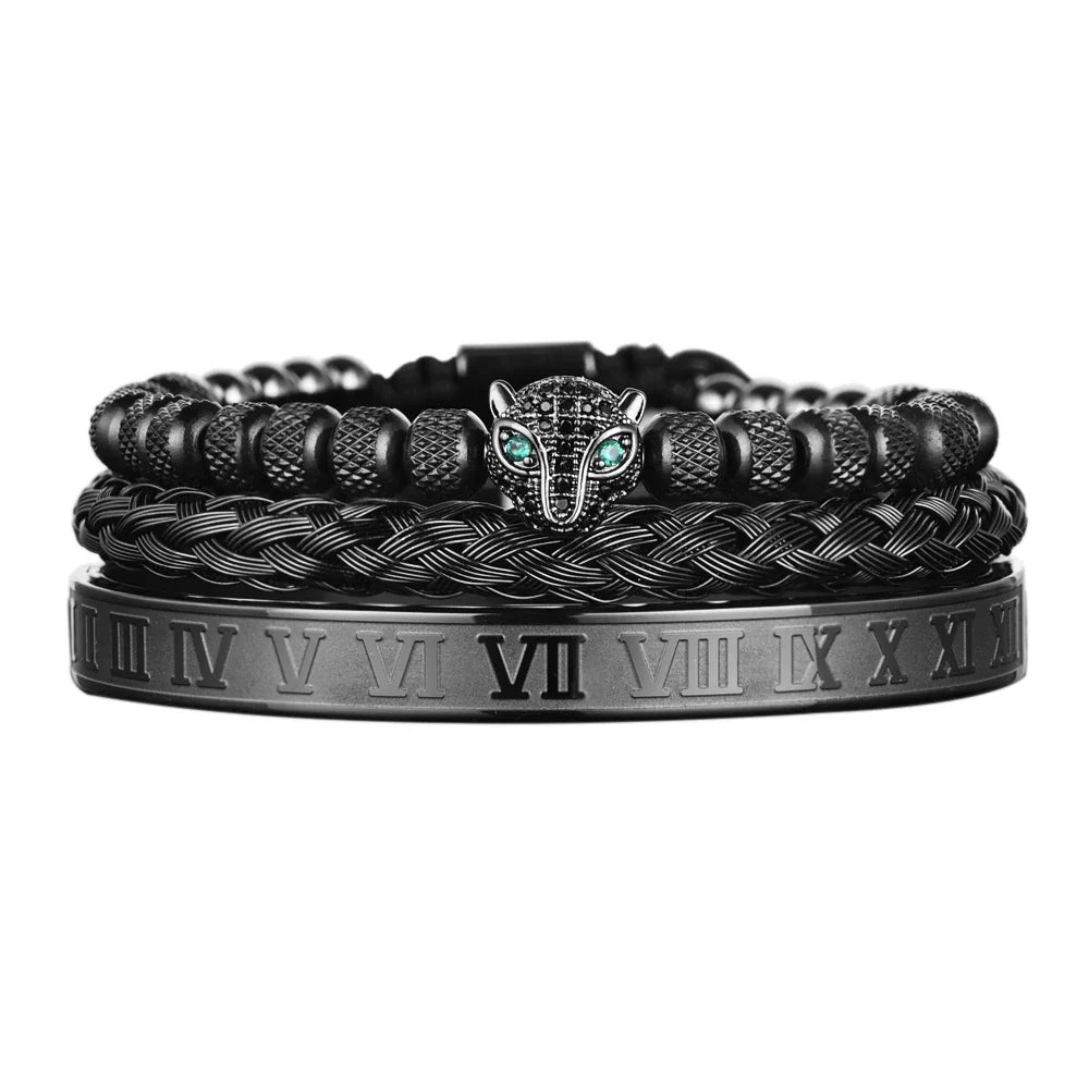 Benjamin Two-Piece Set | Beaded Panther Charm Braided Cuff Bracelet Set