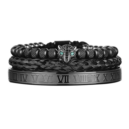 Benjamin Two-Piece Set | Beaded Panther Charm Braided Cuff Bracelet Set