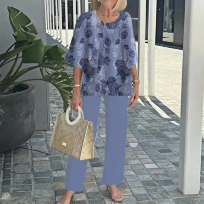 Women's Two-Piece Set – Breathable Mix – Loose Layered Top – Printed Straight-Leg Pants