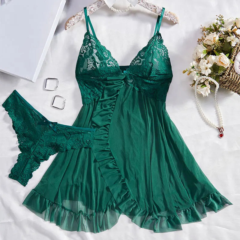 Women's Nightgown Set – Lace V-Neck – Adjustable Straps – Ruched Slim Fit – Ruched Hem