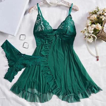 Women's Nightgown Set – Lace V-Neck – Adjustable Straps – Ruched Slim Fit – Ruched Hem