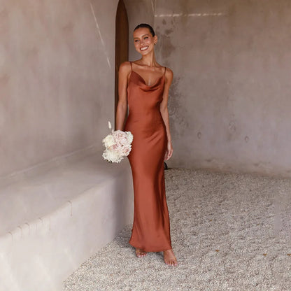 Women's Maxi Dress – Satin – Slim Fit – Sleeveless – Cowl Neck – Evening Wear