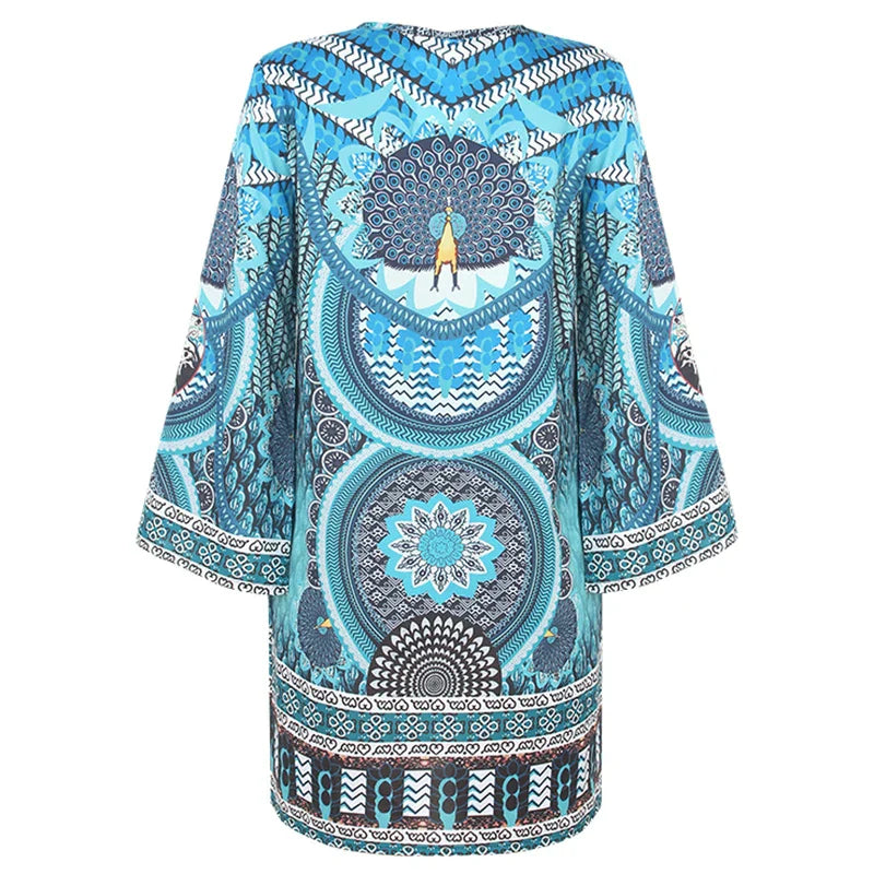 Women's Tunic Dress – Lightweight Fabric – V-Neck – Bohemian Pattern – Long Sleeves