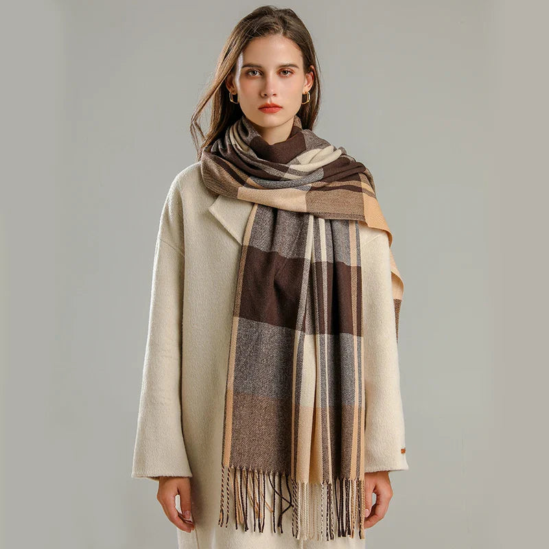 Aurora Wool-Blend Oversized Scarf | Check Fringed Scarf