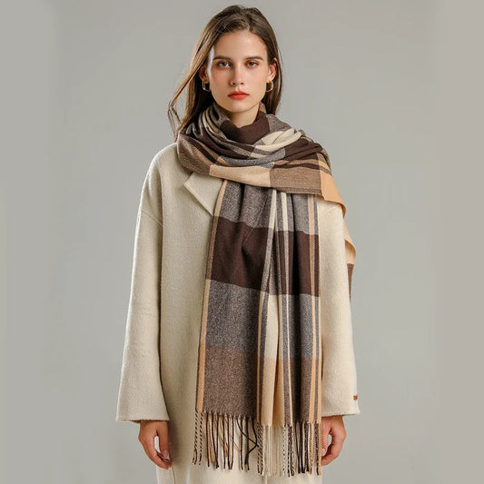 Aurora Wool-Blend Oversized Scarf | Check Fringed Scarf