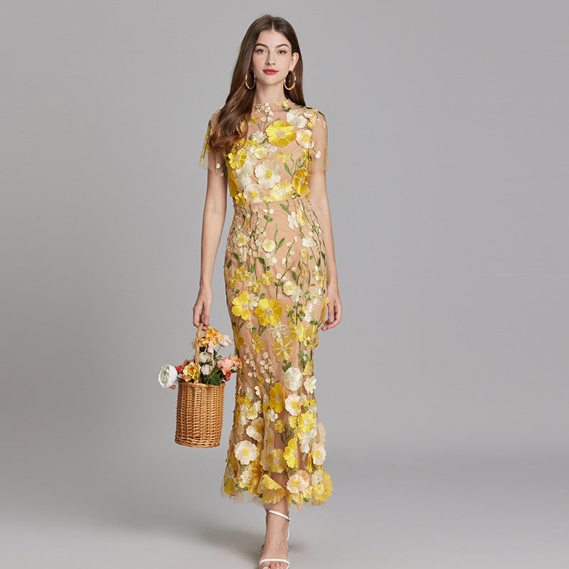Dress for Women – Maxi Dress with Form-Fitting Design – Embroidered Mesh and High Neck