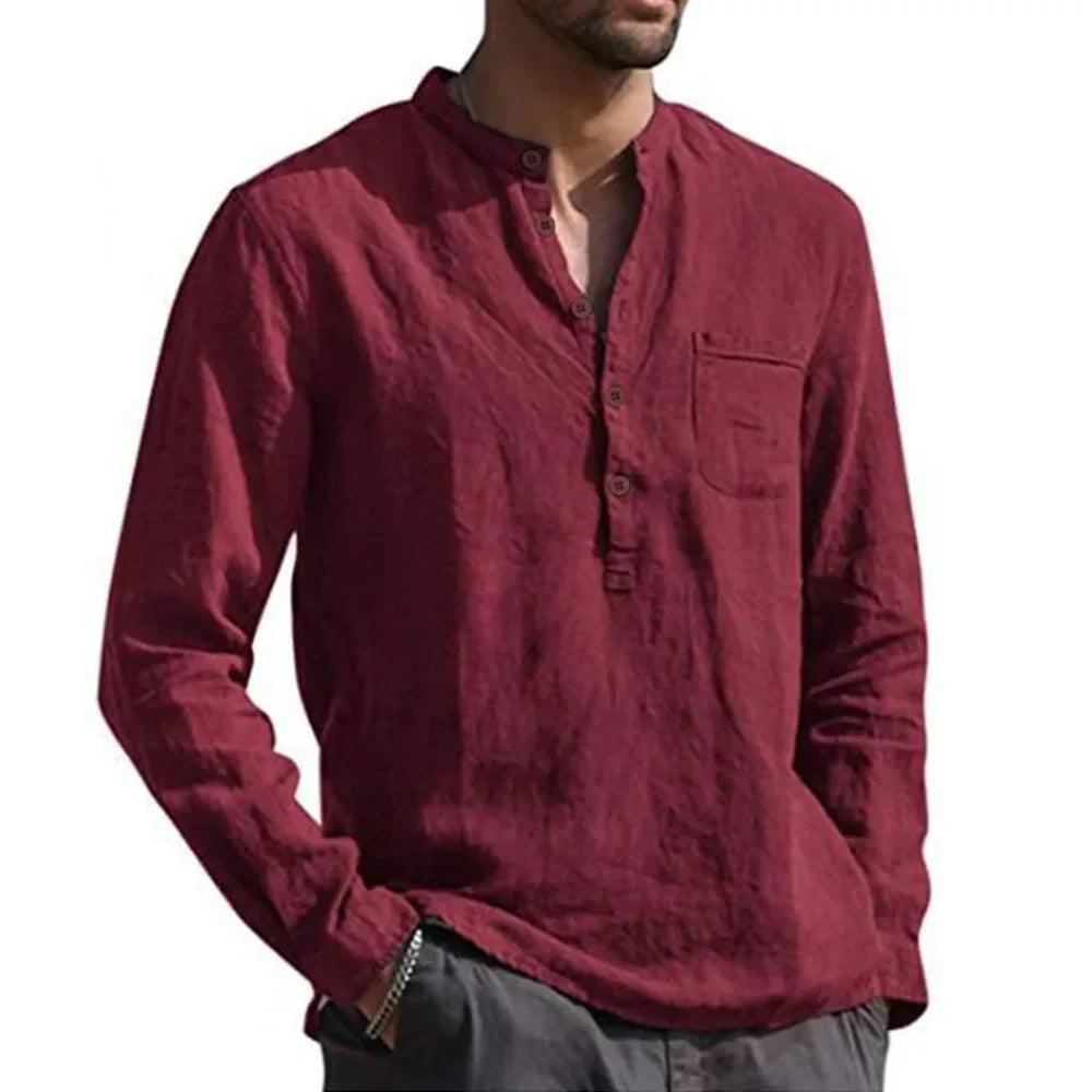 Men's Shirt with Long Sleeves – Relaxed Fit – Natural Fibers – Stand Collar
