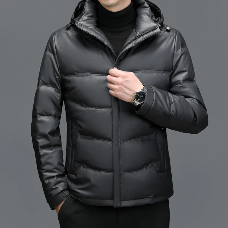 Luca Leather Hooded Puffer Jacket | Quilted Zipper Closure Jacket