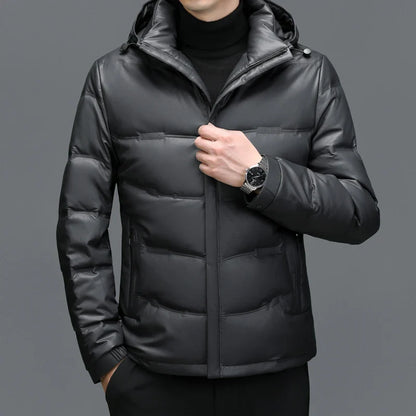Luca Leather Hooded Puffer Jacket | Quilted Zipper Closure Jacket