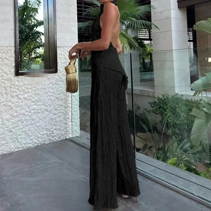 Women's Jumpsuit – Slim Fit – Backless Halterneck – Wide Legs – Breathable Lightweight Fabric