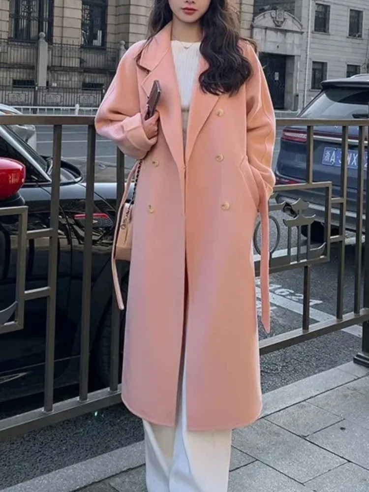 Women's Long Coat – Oversized Fit – Double Breasted – Belted Waist – Wool Look