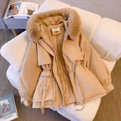 Women’s Coat - Faux Fur Lining - Mid-Length - Hooded - Adjustable Waist
