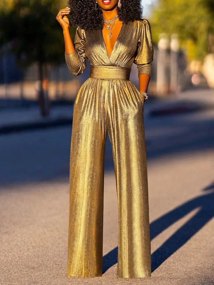 Dame Jumpsuit - Skinnende Finish - V-Hals - 3/4 Ærmer - Vidde Ben - Elegant Pasform