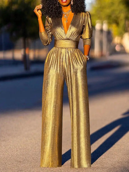 Dame Jumpsuit - Skinnende Finish - V-Hals - 3/4 Ærmer - Vidde Ben - Elegant Pasform