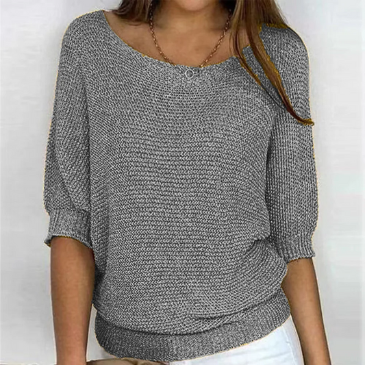 Women's Knit Sweater – Relaxed Fit – Puff Sleeves – Ribbed Edges – Soft Texture