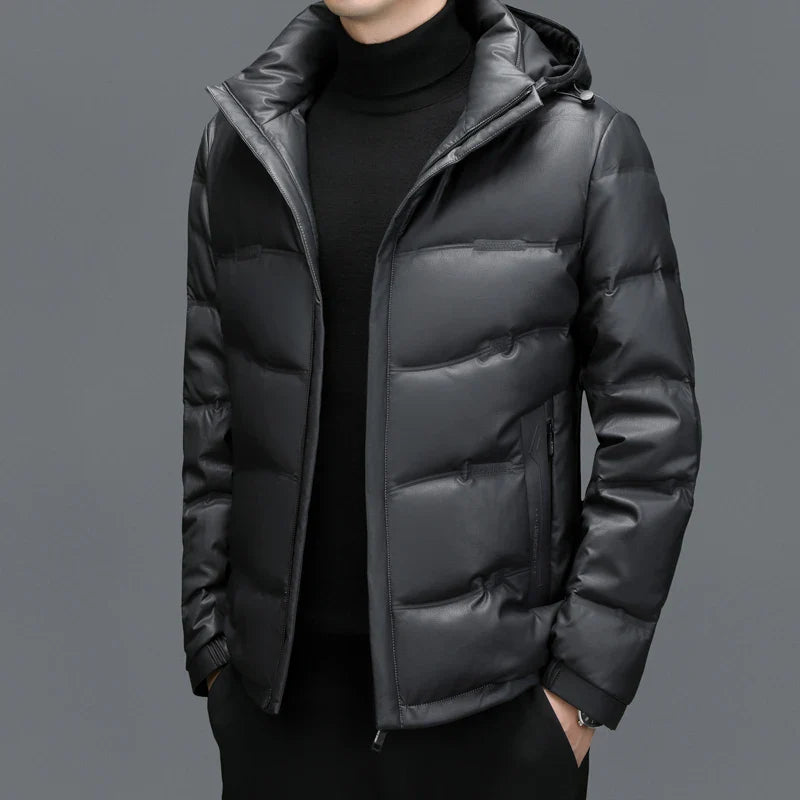 Luca Leather Hooded Puffer Jacket | Quilted Zipper Closure Jacket