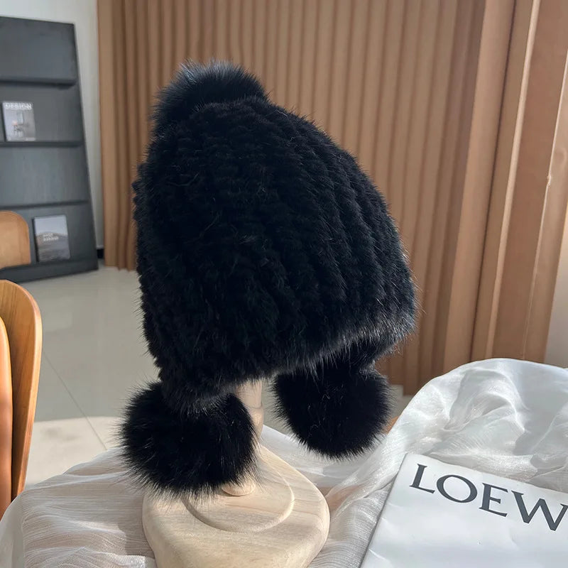 Isla Ribbed Fur Trim Beanie Hat | Pompoms Solid Beanie Hat
